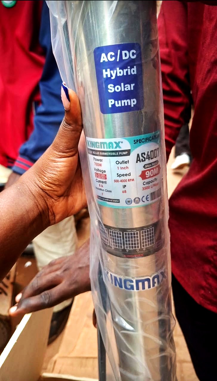 A Kingmax AC/DC hybrid solar submersible pump in its wrapping